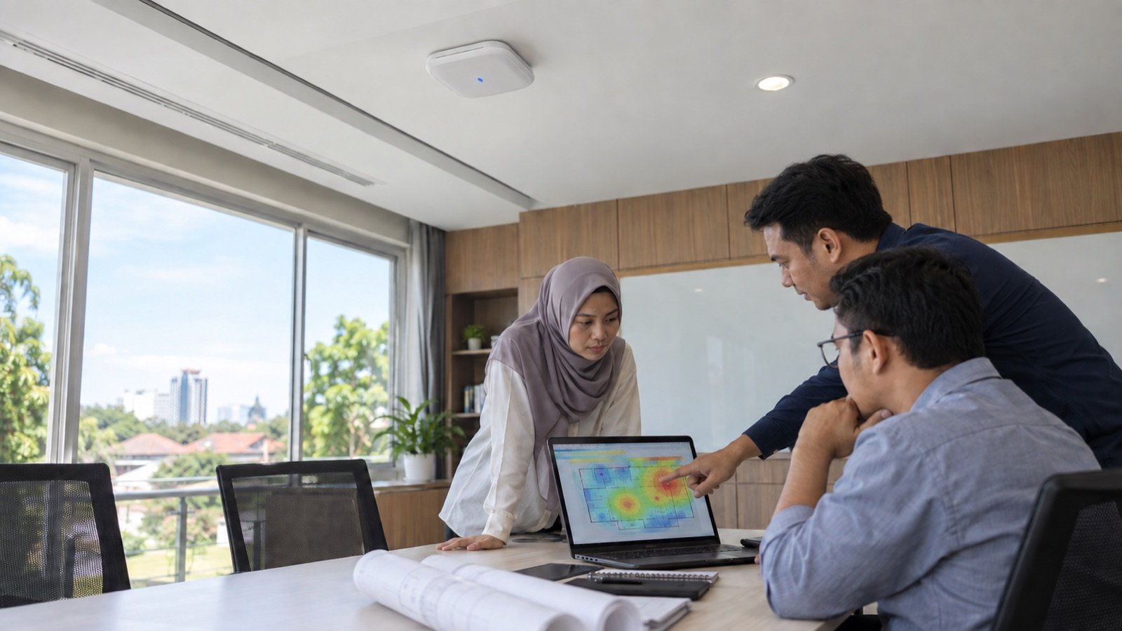 Tim IT meninjau denah cakupan access point Wi-Fi untuk kantor atau sekolah