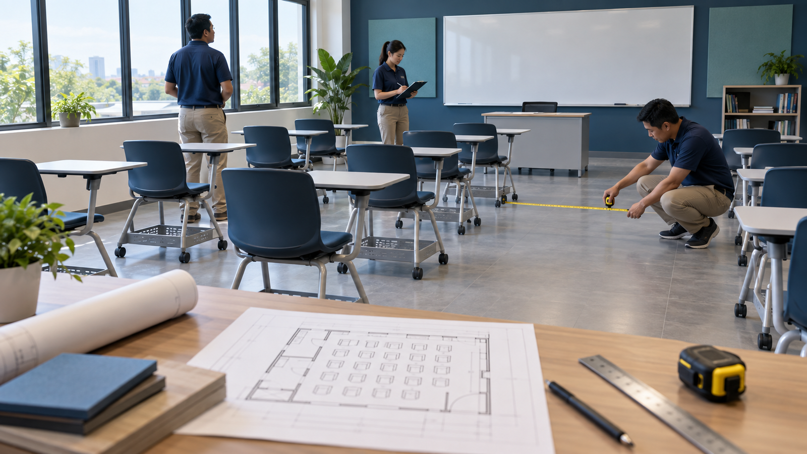 Tim sekolah mengukur layout kursi kuliah dan jalur sirkulasi