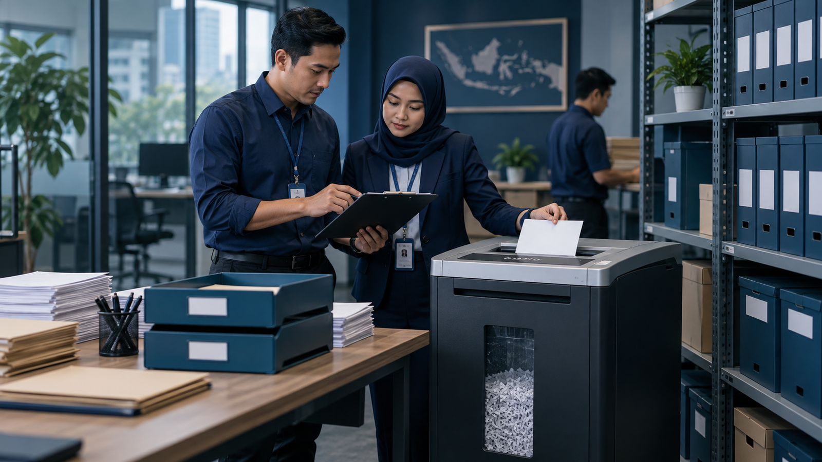 Petugas memeriksa mesin penghancur kertas untuk dokumen kantor