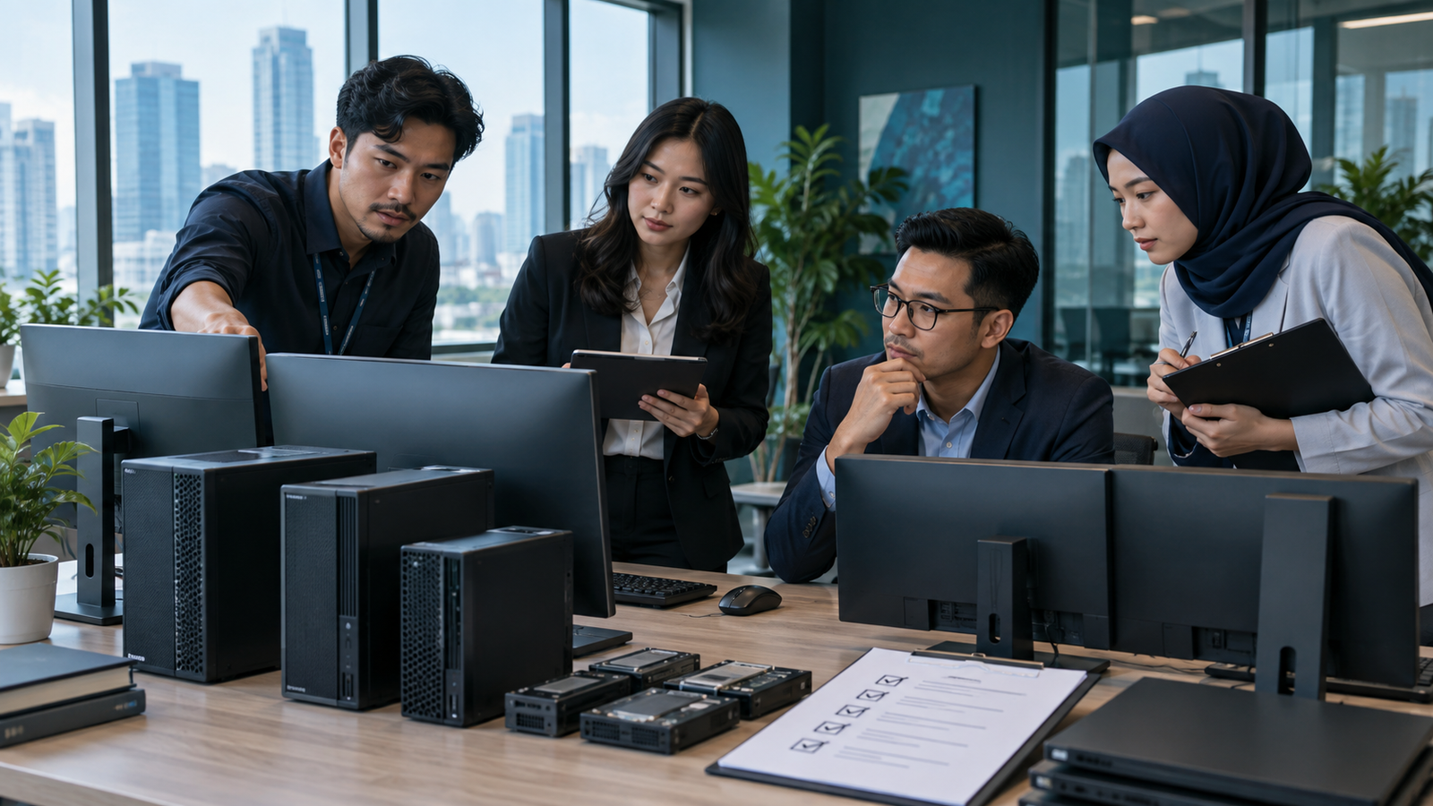 Tim IT dan procurement membandingkan spesifikasi komputer kantor