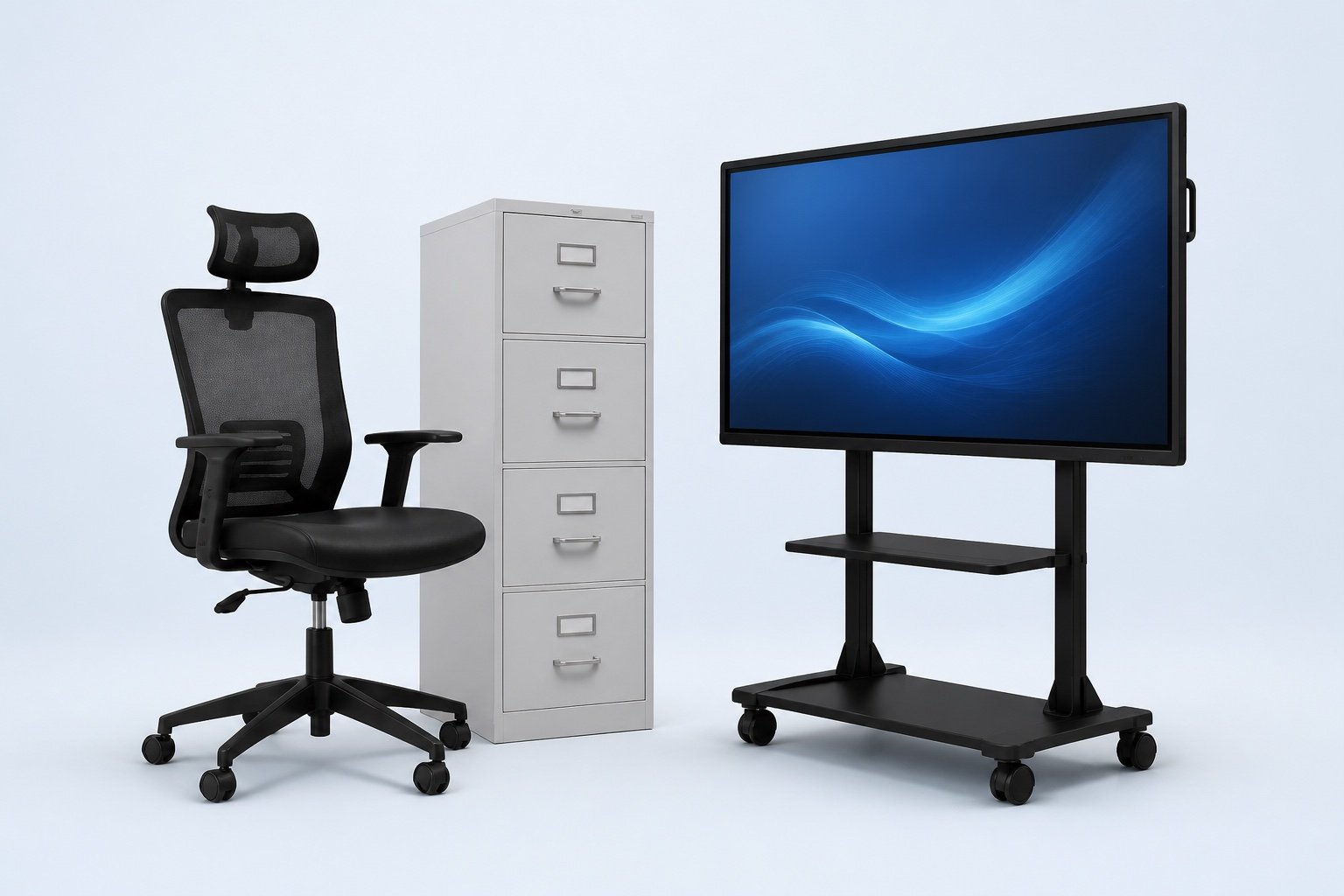 Kursi ergonomis, filing cabinet, dan interactive flat panel sebagai solusi ruang kerja terintegrasi