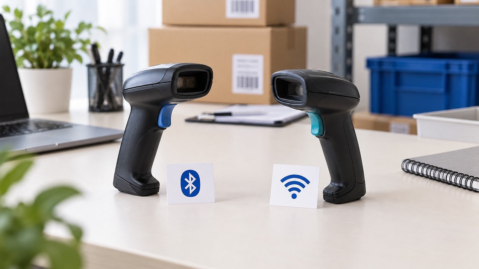 Dua scanner barcode ilustratif dengan penanda Bluetooth dan Wi-Fi di meja kerja