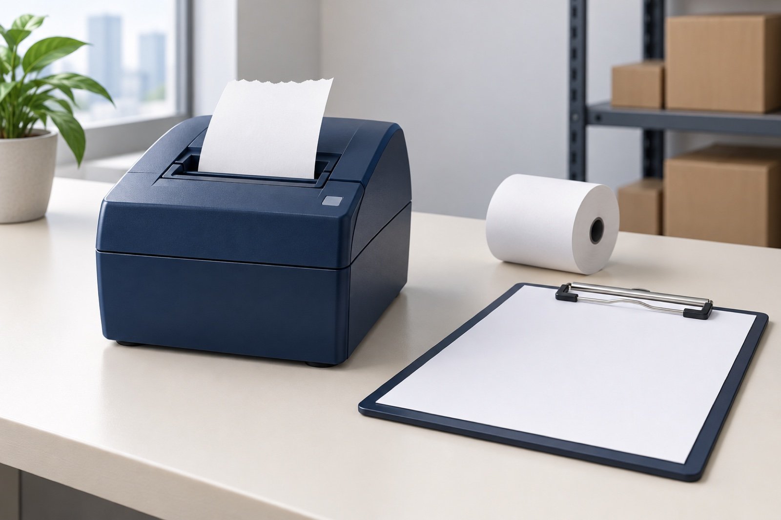 Ilustrasi printer struk biru dengan ujung kertas tidak rata, roll cadangan, dan clipboard pemeriksaan kosong.