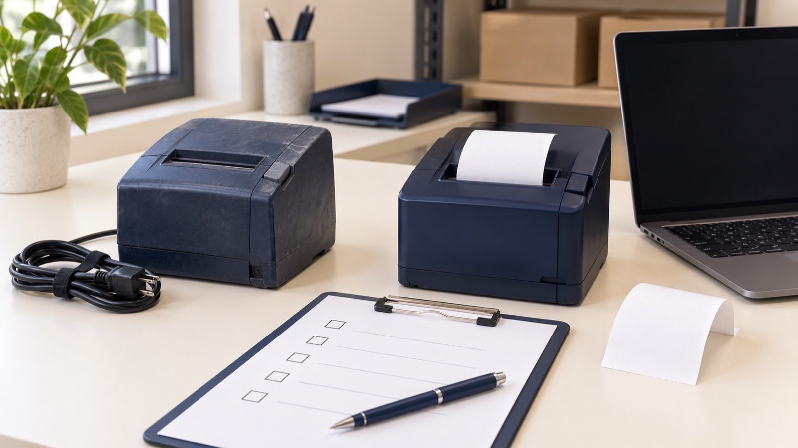 Ilustrasi dua printer struk biru, laptop, clipboard checklist kosong, dan kabel untuk pergantian unit.