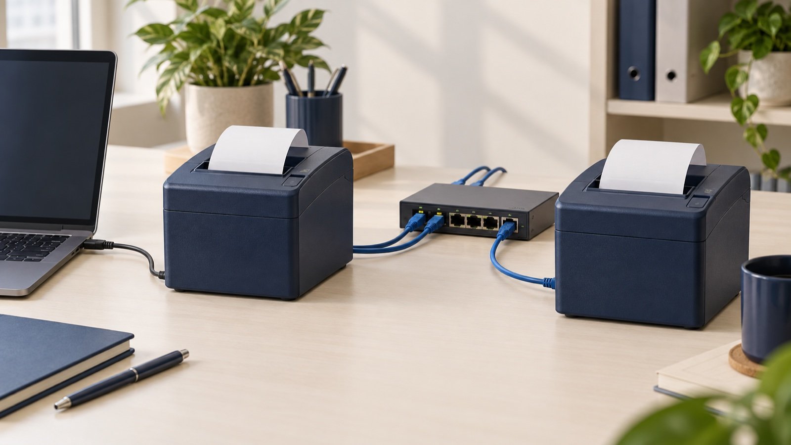 Ilustrasi dua printer struk biru dengan laptop, kabel USB, dan switch jaringan di meja.