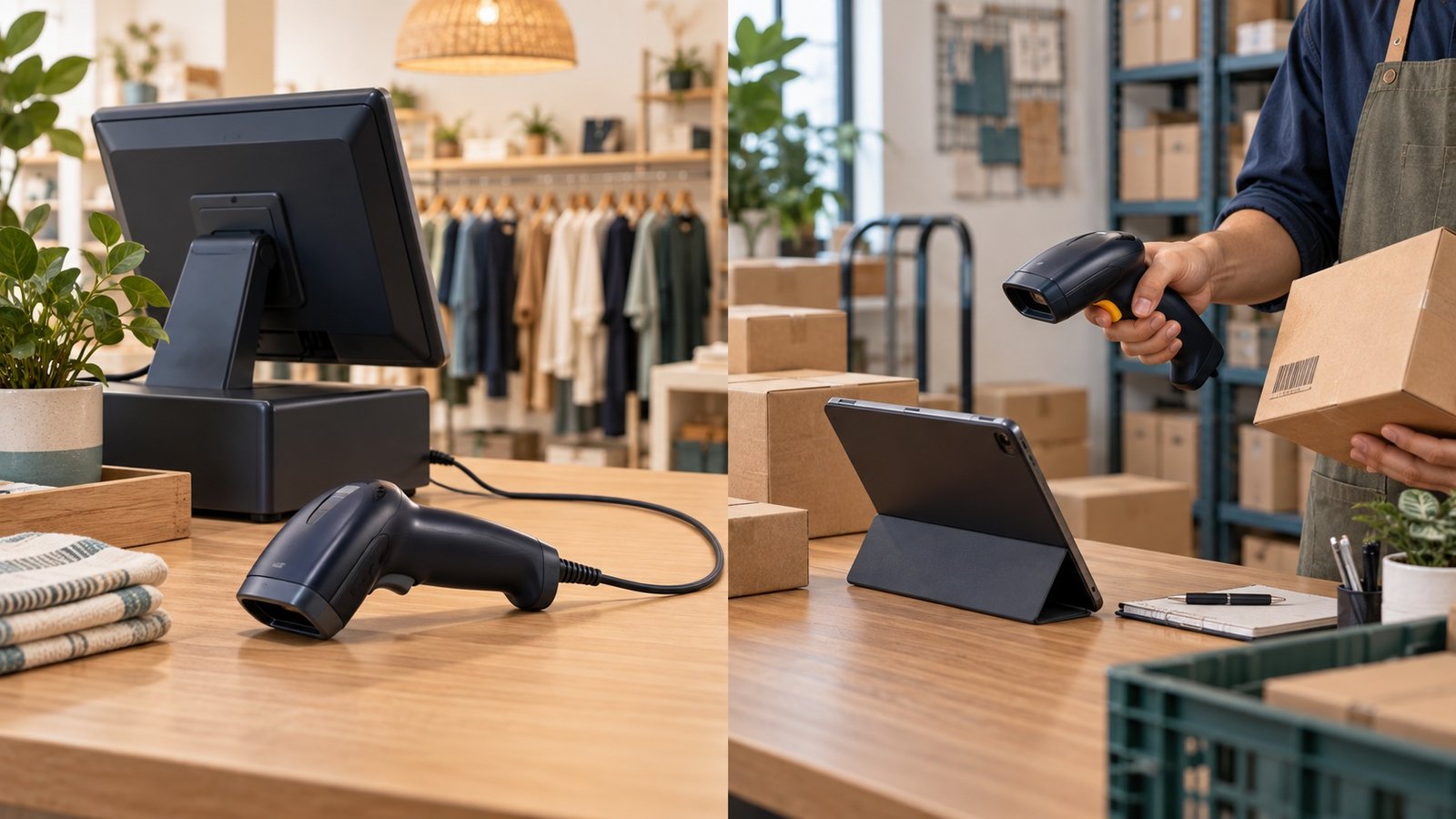 Ilustrasi scanner barcode berkabel USB di meja kasir dan scanner nirkabel di area stok.