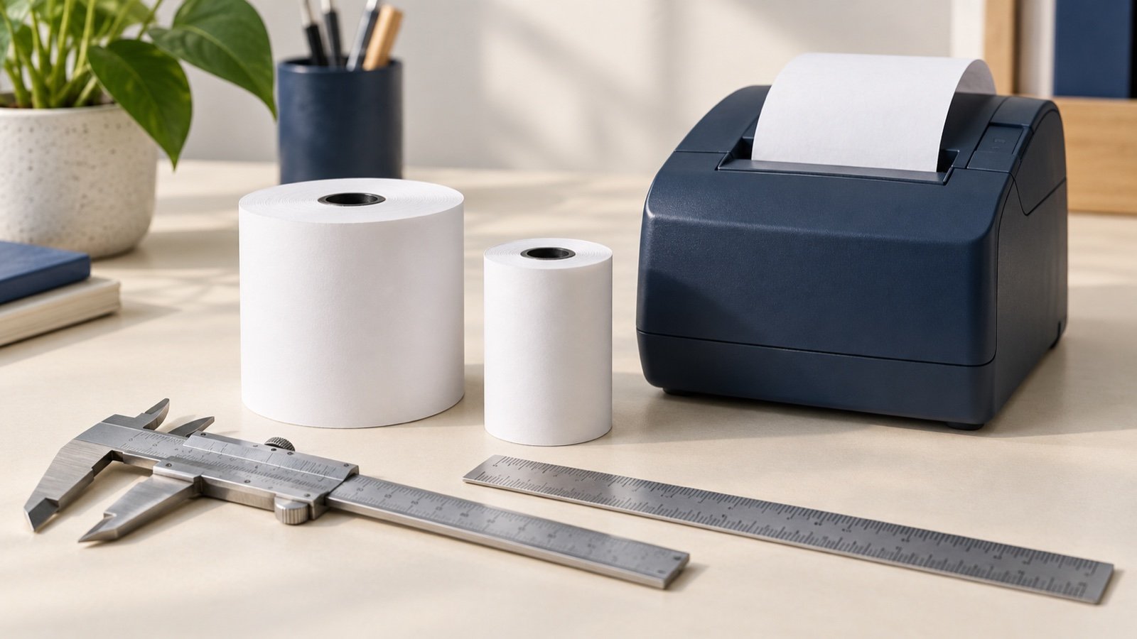 Ilustrasi printer struk biru, dua roll kertas berbeda lebar, penggaris, dan alat ukur.